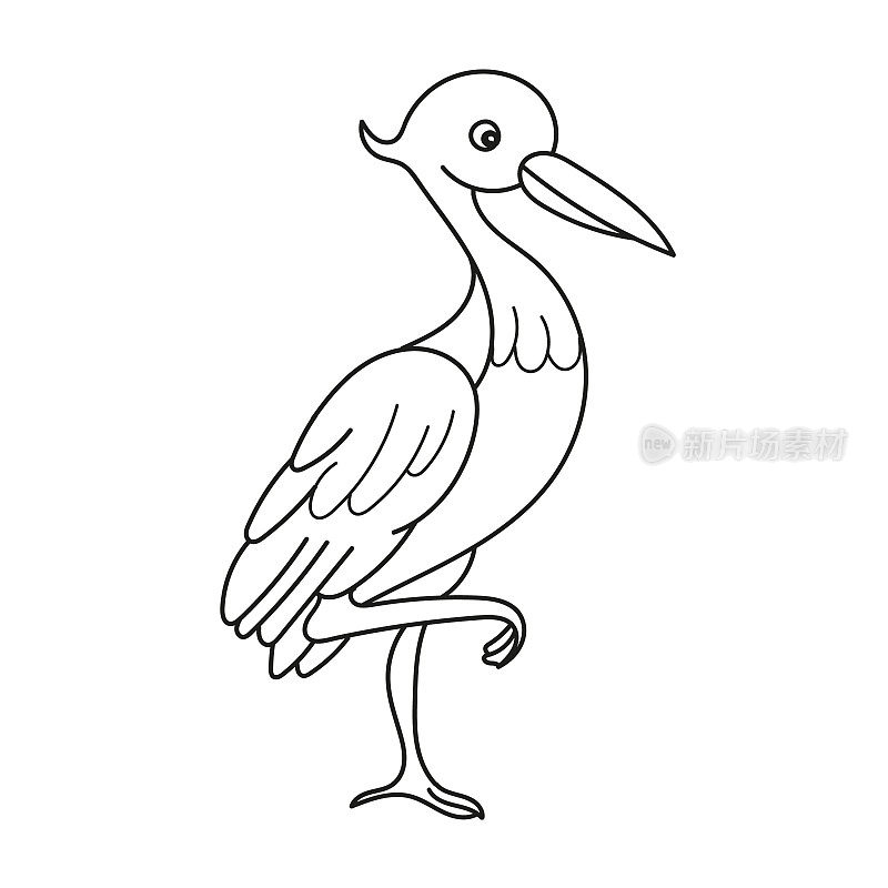 简单的着色页面。可爱的卡通色彩的鸟插图。鹳,苍鹭