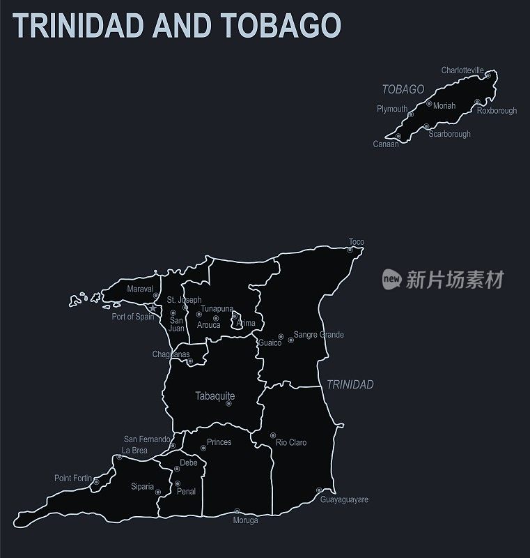 特立尼达和多巴哥的平面地图，城市和地区在黑色的背景上