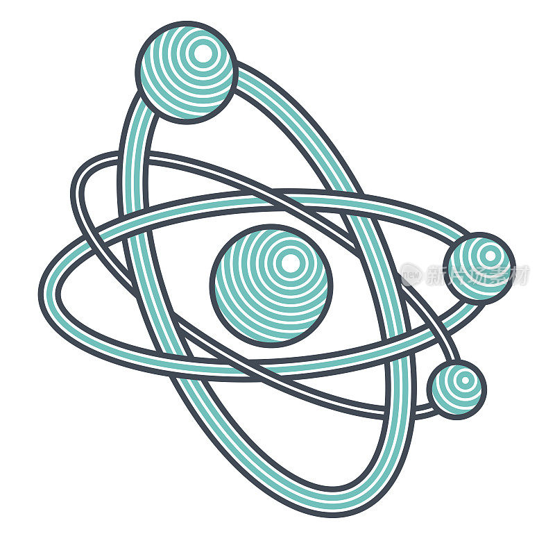 原子矢量符号以现代线性风格孤立于白色，科学图标或基本粒子标志，物理教育学习主题。