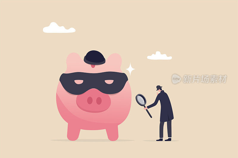 金融犯罪、诈骗、庞氏骗局或非法经营、洗钱或虚假投资理念，戴着犯罪面具的探员拿着放大镜对粉红小猪存钱罐进行调查。