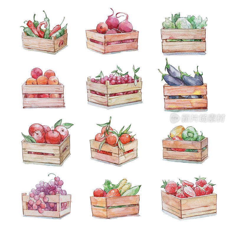 装蔬菜和水果的木箱