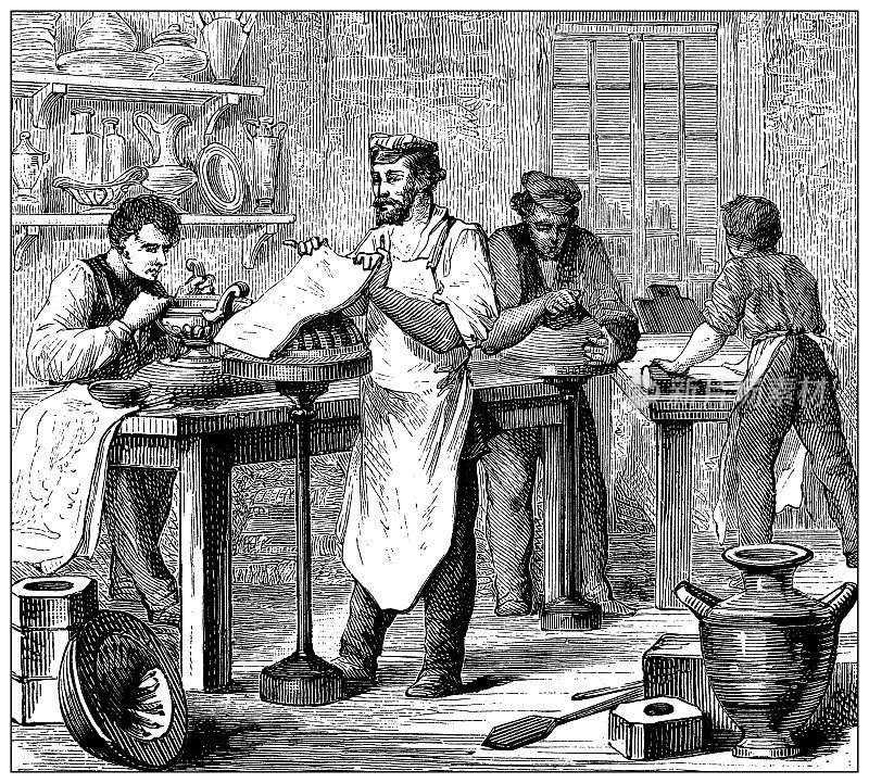 19世纪工业、技术和工艺的古董插图:瓷器和陶器