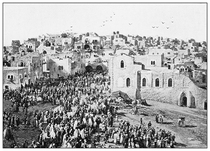 耶路撒冷和周围环境的古董旅行照片:伯利恒的朝圣者