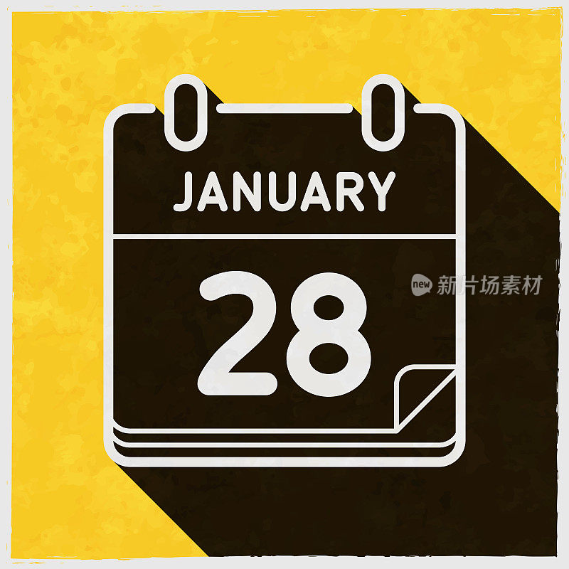 1月28日。图标与长阴影的纹理黄色背景