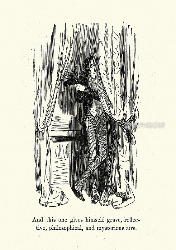 19世纪60年代维多利亚时代，古斯塔夫・多尔画的一幅讽刺画，画中男人藏在窗帘后，神情神秘
