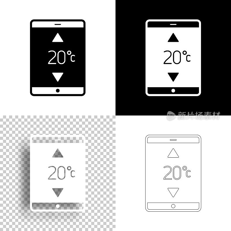 带加热控制的平板电脑。图标设计。空白，白色和黑色背景-线图标