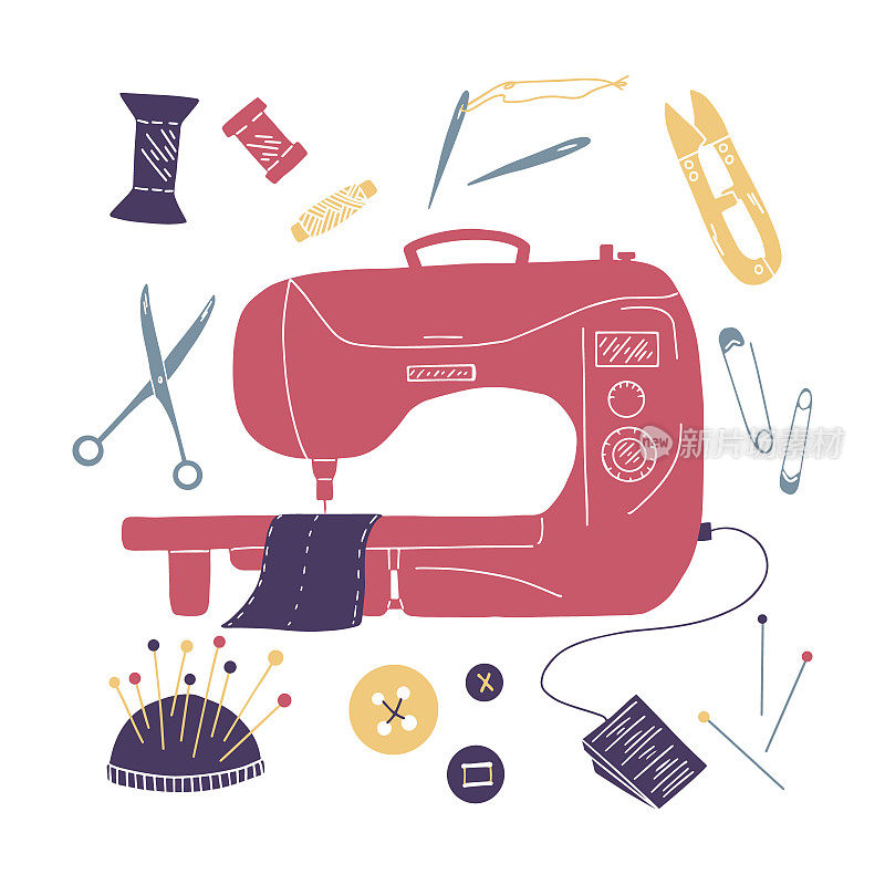 包缝纫工具，如缝纫机，剪刀，针，别针，线，钮扣和针垫在白色背景。