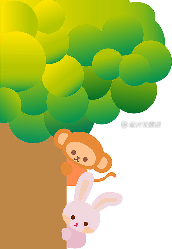 可爱的卡通猴子和兔子躲在树后面。玩捉迷藏。卡通动物的性格。说明,向量,EPS10