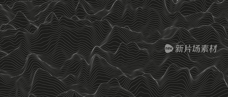 在黑色背景上具有扭曲线条形状的抽象背景。单色声线波。