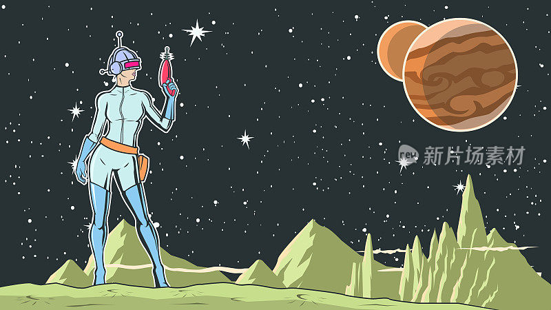 矢量复古波普艺术女性太空游骑兵在太空股票插图