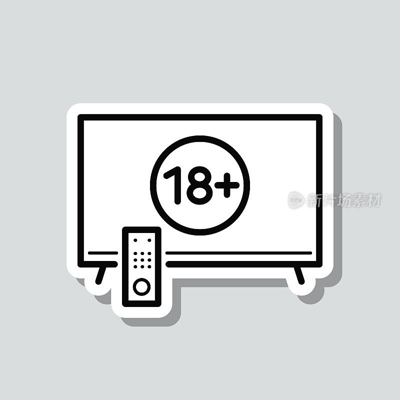 带有18+符号的电视(18+)。图标贴纸在灰色背景