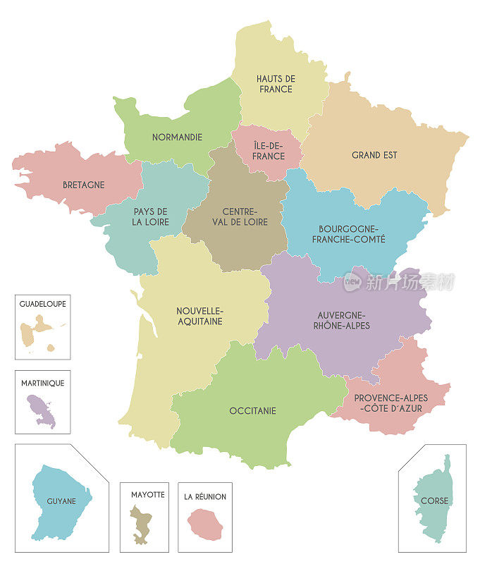 带有区域、领土和行政区划的法国矢量地图。可编辑和明确标记层。