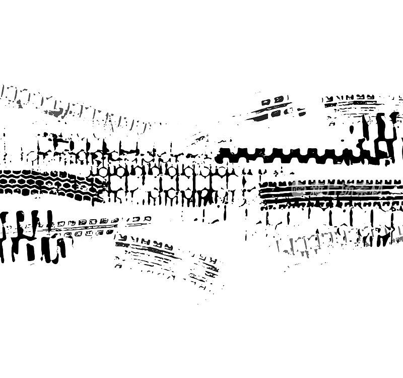 汽车、摩托车或自行车的胎面痕迹。越野摩托，拉力赛，赛道，车轮痕迹。矢量纹理。