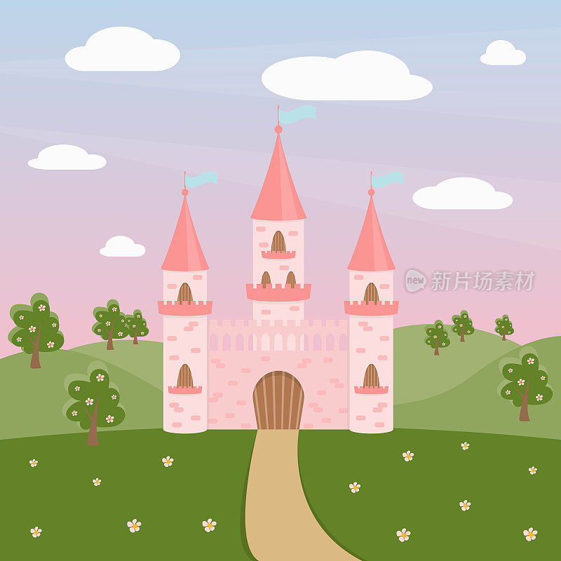 童话般的粉色公主城堡，坐落在绿色的草地上。