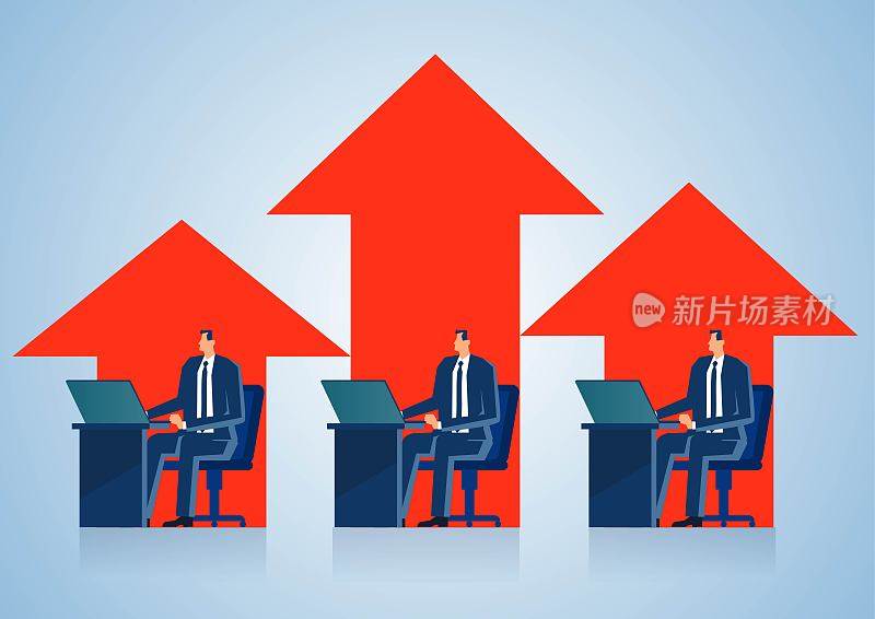 三个商人坐着工作，里面上升的红色箭头不同的高度，努力工作的商人都是为了提高业绩和增加工资福利收入