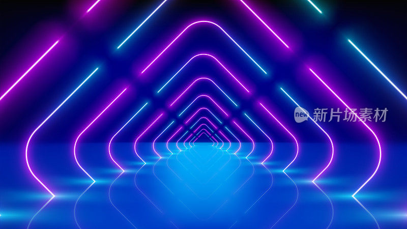 发光的霓虹灯线，隧道，街机，舞台。技术背景抽象，虚拟现实。粉红蓝紫走廊霓虹广场拱门，透视。紫外线明亮的光芒。矢量图