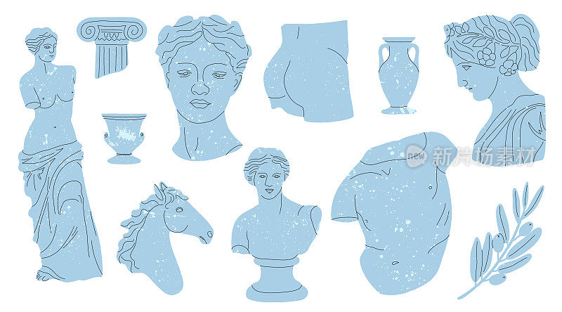 古董大理石雕像。希腊或罗马雕塑，众神和女神。手绘蓝色身体部位和面部纹理，经典雕像，男人女人柱和花瓶，矢量卡通平面设置