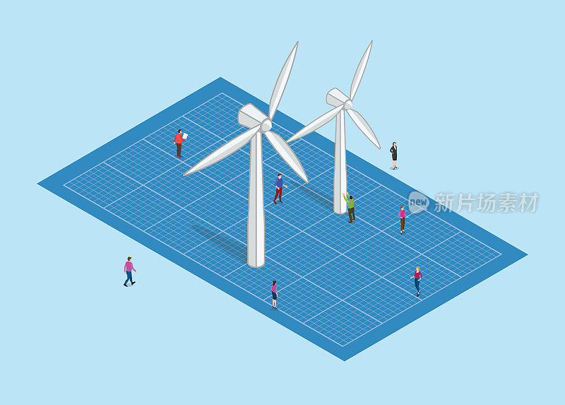 风力涡轮机能源技术概念蓝图或蓝图开发与人分析
