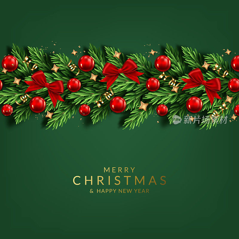 圣诞和新年背景与圣诞花环与球，树，彩带，星星和五彩纸屑。