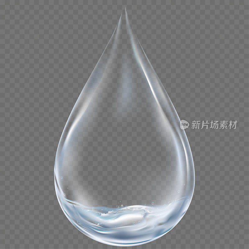 在灰色透明背景上的清洁水的3D水滴，矢量隔离透明单一蓝色闪亮的雨滴与水花，世界水日，地球日的元素设计概念