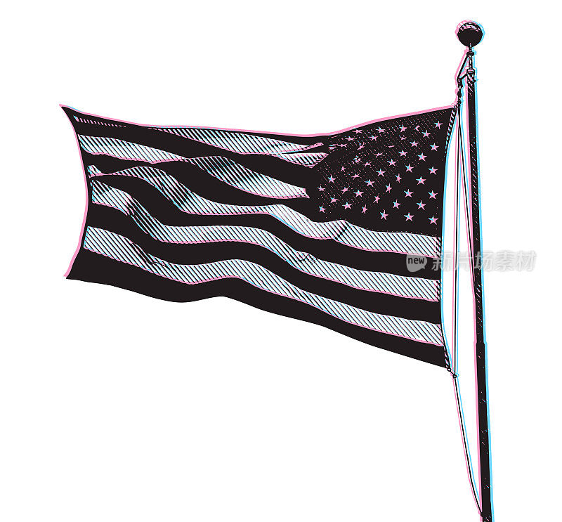 美国国旗在风中飘动，用的是故障技术