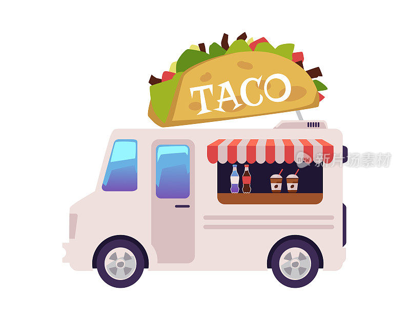 墨西哥玉米卷餐车用于街头美食节矢量图已隔离。