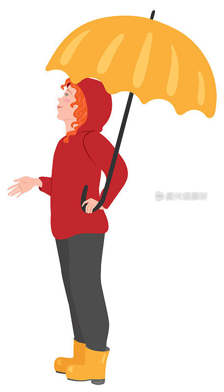 可爱的女孩穿着暖和的衣服和胶靴站在雨伞下检查是否下雨。手绘矢量插图。适用于网站，贴纸，明信片。