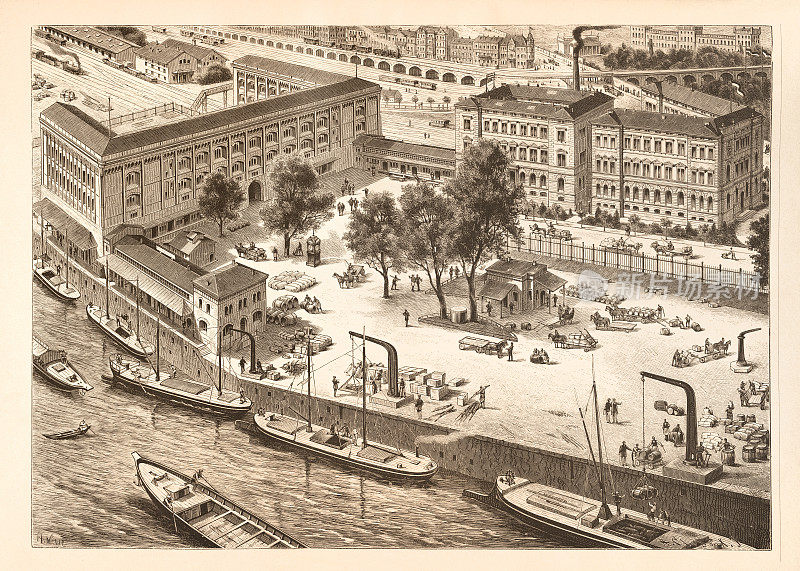 1888年，德国柏林商业码头工人工作