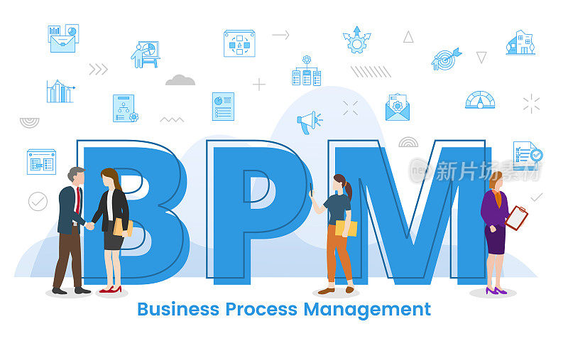 BPM业务流程管理概念用大字与人围绕，相关图标以现代蓝色风格传播
