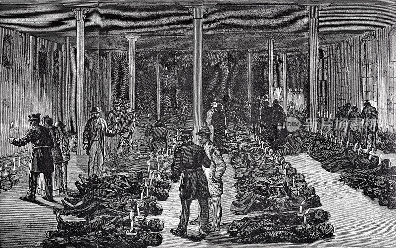 纽约市，布鲁克林剧院大火，1876年，在室内辨认受害者