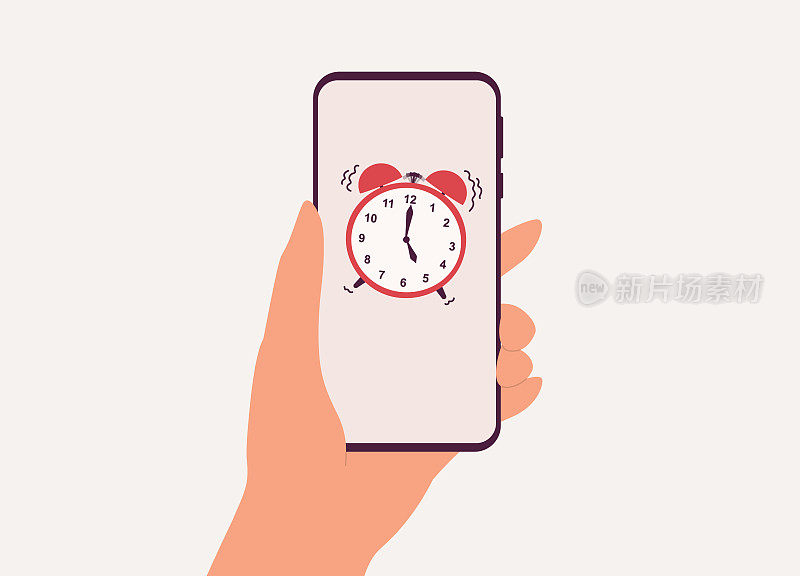 一个人的手持手机，闹钟图标显示5点。