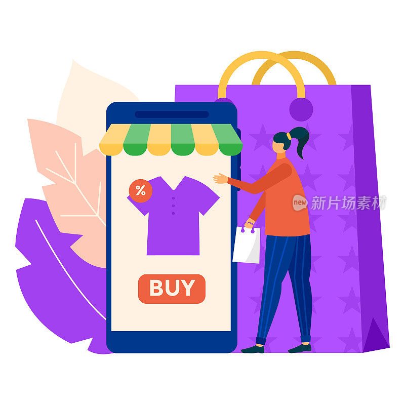 网上服装购物手机应用，远程互联网智能手机app购买服装平面矢量插图，隔离在白色。