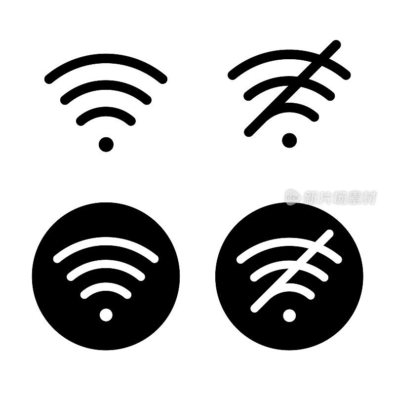 Wifi图标和无网络连接图标。Wifi无线互联网信号平坦，无线连接断开，错误连接Wifi。这个向量没有信号符号，没有信号面积。没有wifi标志。标志和符号的收集。