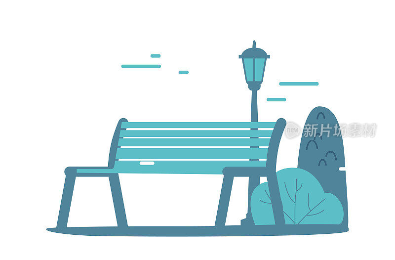 木凳与街灯，城市公园景观，背景与当代城市物体