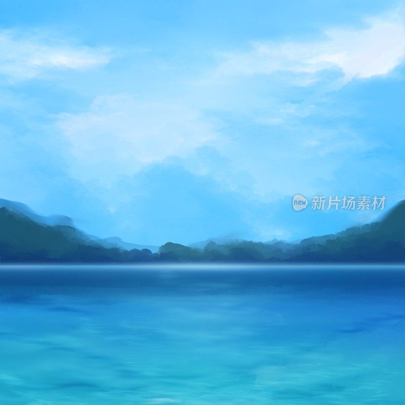 一幅风景画，阳光下的湖泊和蓝天背景下的云彩。