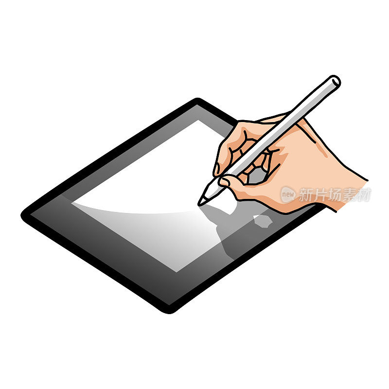 手持铅笔作家在空白平板上写作小工具移动矢量插图绘图
