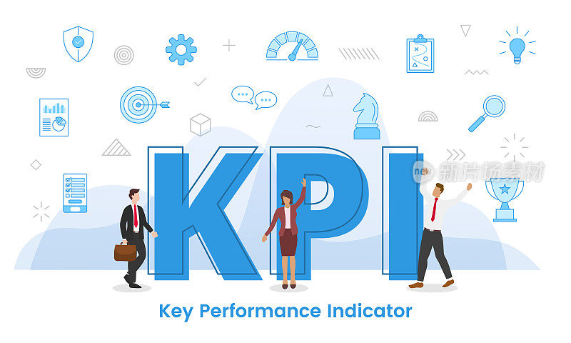 Kpi关键绩效指标概念与大字和人围绕相关图标传播与蓝色