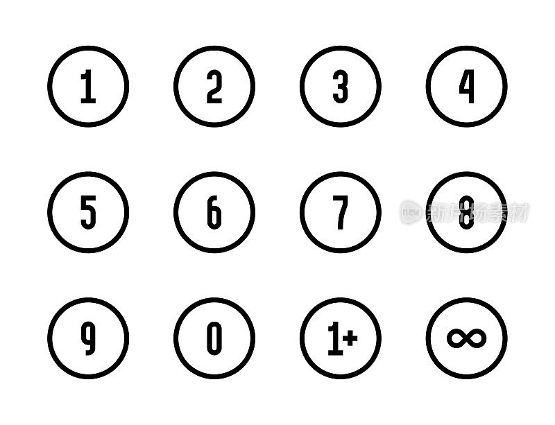 数字在一圈内从0到9，加1和无限符号行矢量图标。