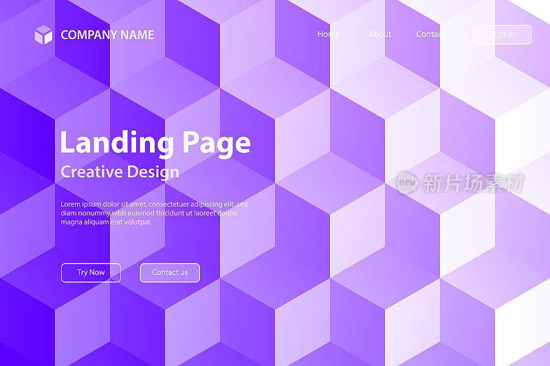 登陆页面模板-抽象的几何背景与紫色立方体-新潮的3D背景