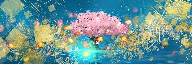 神秘的幻想背景宽尺寸的樱花树，盛开的樱花树漂浮在海面上，金色和银色的沙子在日本画风中舞蹈