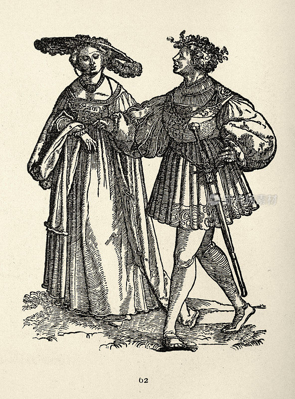 16世纪德国的一对夫妇，穿着历史服装，戴着帽子，腰带上插着剑