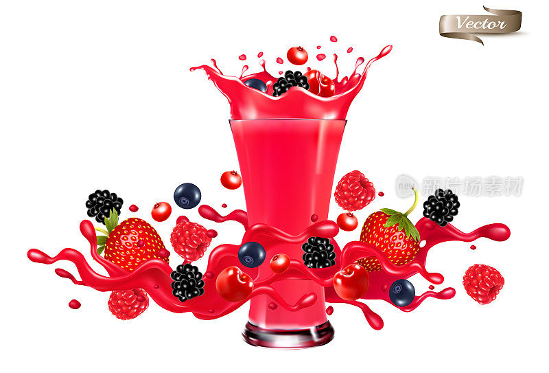 红莓汁飞溅波。整个草莓，覆盆子，樱桃，蓝莓在一个甜糖浆波与飞溅和玻璃与果汁隔离在透明背景。向量。