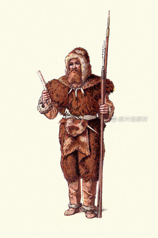 古代石器时代的服装马格达莱尼人穿着毛皮，手持长矛，蛮族欧洲，旧石器时代晚期，中石器时代