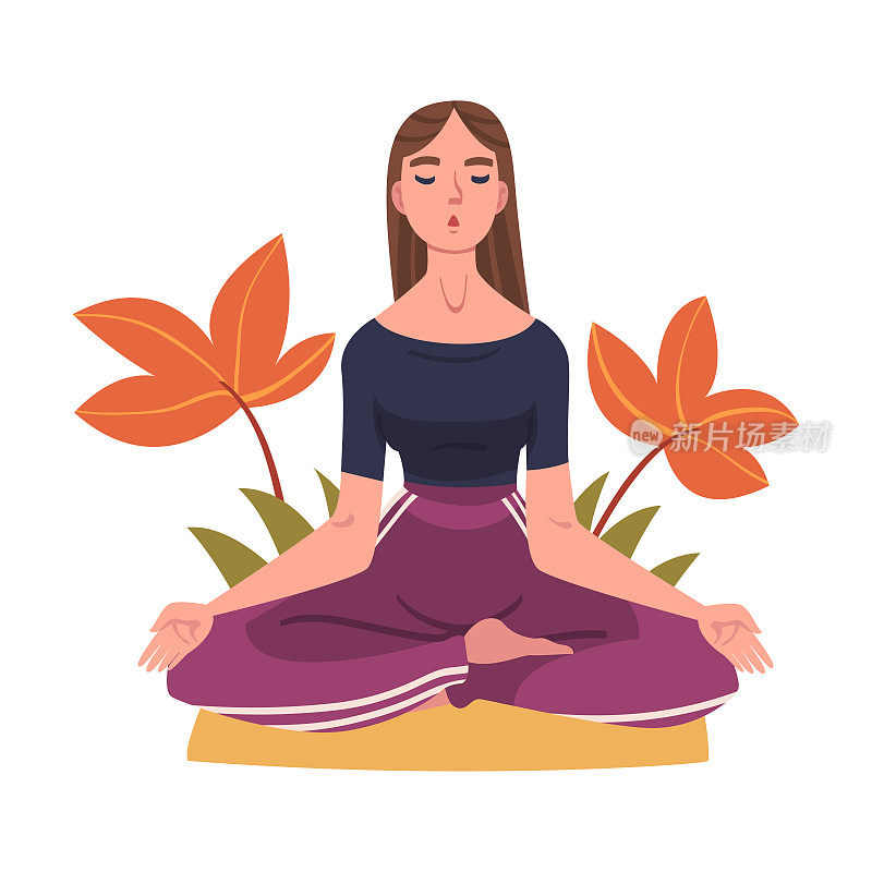 年轻女子闭着眼睛做冥想坐在莲花姿势瑜伽垫上练习正念矢量插图