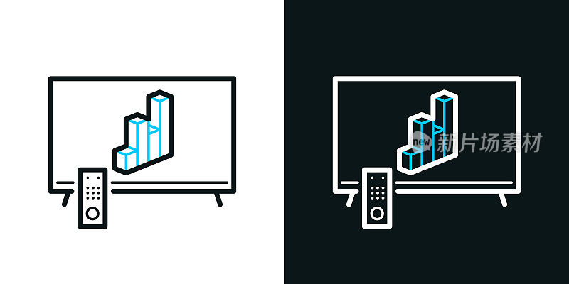 带3D图表的电视。黑色或白色背景上的双色线图标-可编辑的笔画