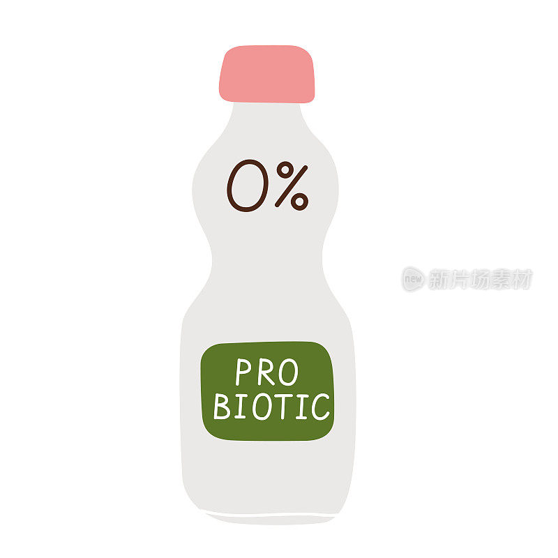 健康益生菌饮料图标，矢量涂鸦插图素食无乳酸奶，瓶与无糖康普茶