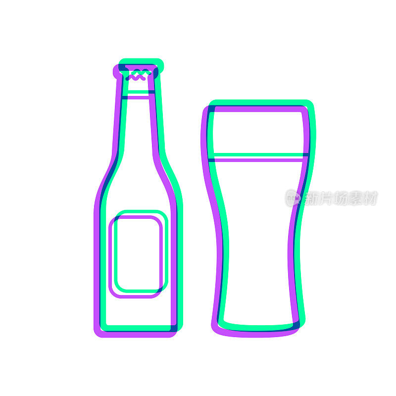 一瓶和一杯啤酒。图标与两种颜色叠加在白色背景上