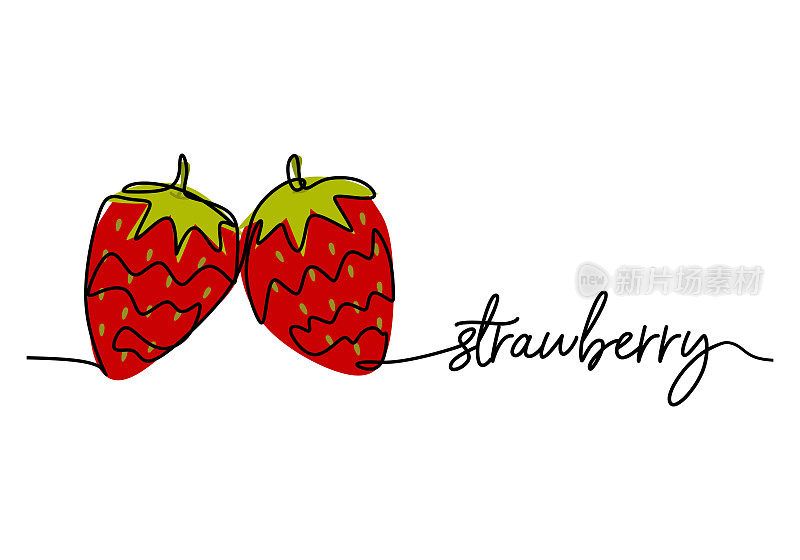 草莓连续一条线绘制，水果矢量插图。