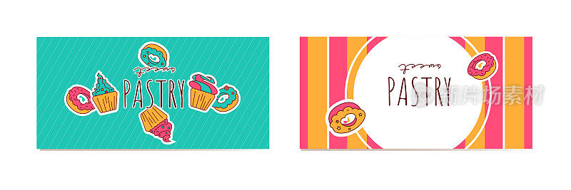 扁平风格的时尚名片。糖果和烘焙甜点在明亮的抽象颜色的背景与空间的文字。创意矢量模板与推广。