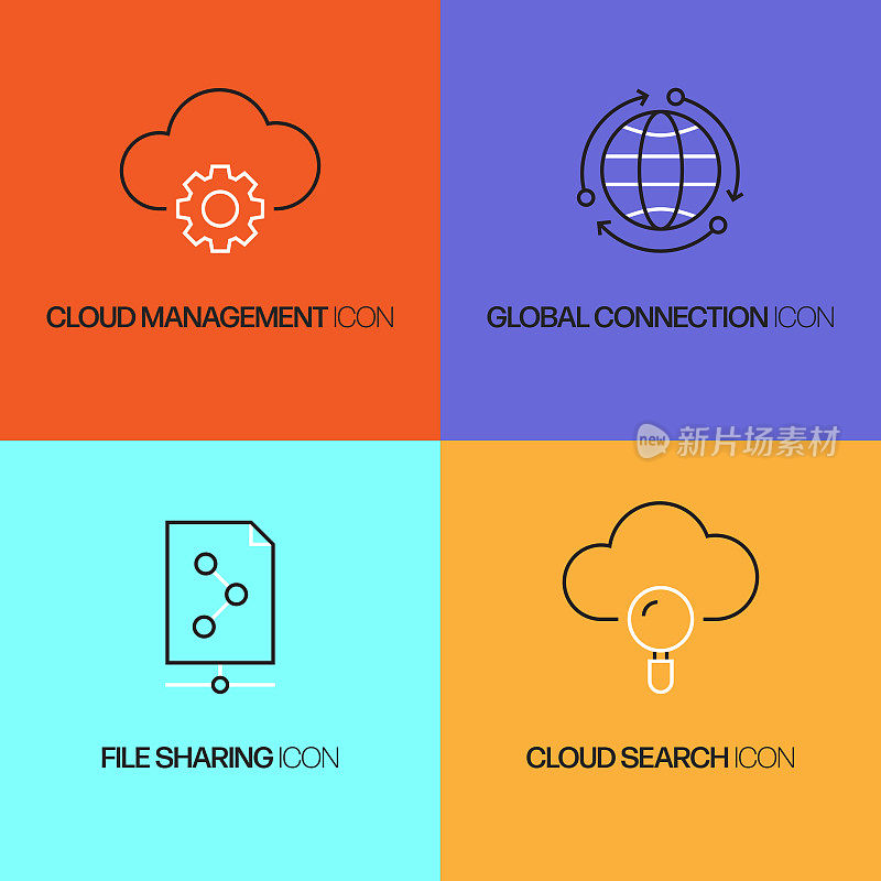 云技术相关的矢量细线图标。轮廓符号集合